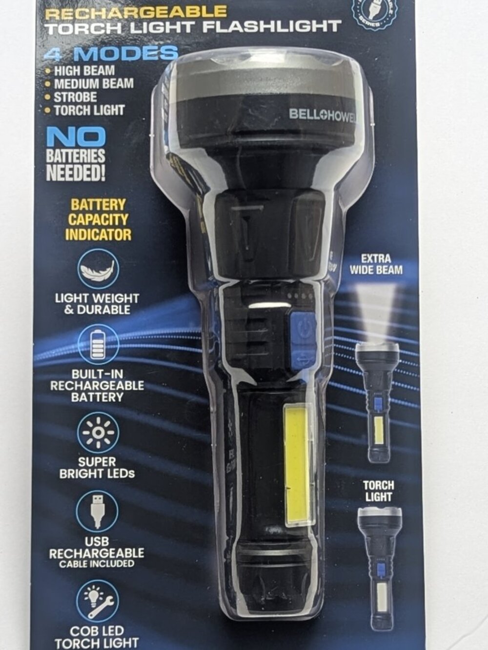 Bell Howell Rechargeable Torch Light Flashlight with Built-In COB LED Work Light